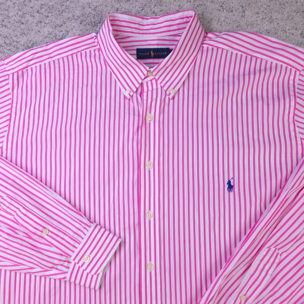 Polo Ralph Lauren Shirt Mens 2XB 2X Big Pink Striped Long Sleeve Button Pony GUC